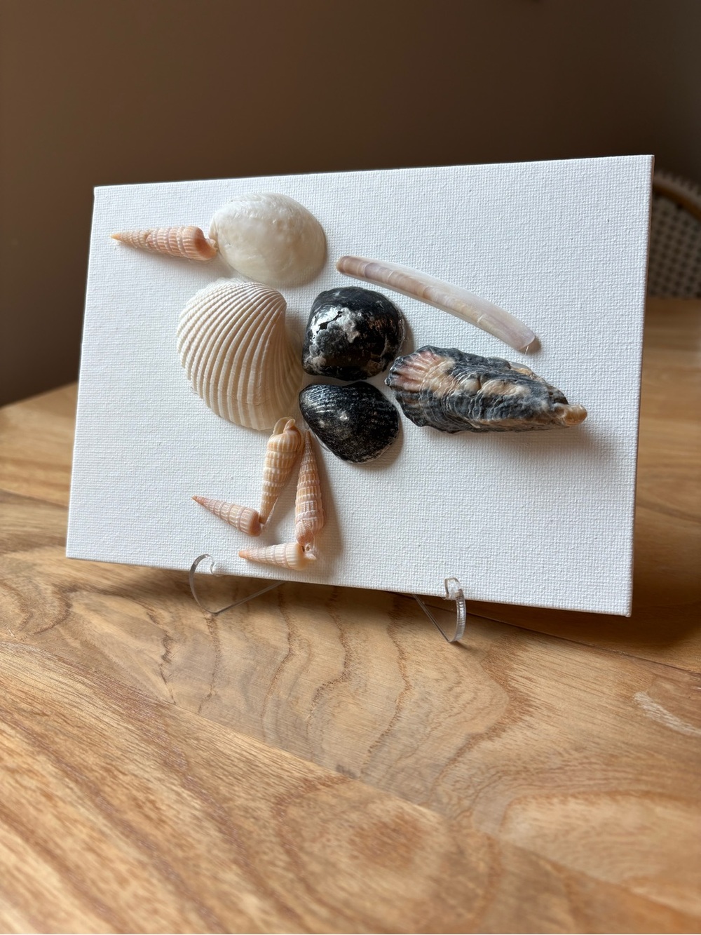 Handmade Seashell Seagull Canvas Art Coastal Beach House Decor w/Stand - (5x7”)
